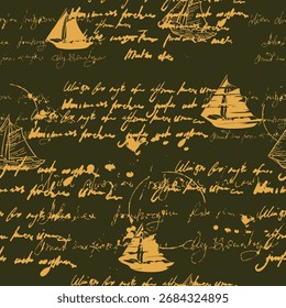 Patrón inconsútil texto ilegible escrito a mano tinta, salpicadura, velero, viaje, vintage
