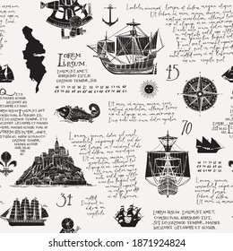 Seamless pattern with handwritten latin text Lorem ipsum and hand-drawn Islands, sailing ships, compass. Dark vector background on the theme of sea travel and adventure in vintage style
