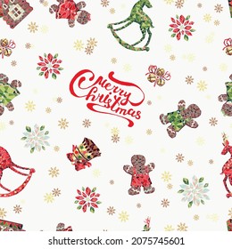 Seamless pattern with handwritten lettering Merry Christmas and deers, holly flowers, a gingerbread man, girl and a hut, jingle bells, snowflakes in red, green, gold, white colors in cubic manner