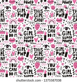 Seamless pattern with Handwritten lettering quote - Girl Power. International womens day graphic in vector. Vector print strong women.