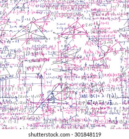 Seamless pattern with handwritten mathematical formulas, relationship, rules expressed in symbols, operations such as addition, subtraction, multiplication, division, layered college lecture in notes.