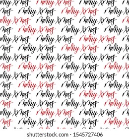 Seamless pattern of handwritten modern brush calligraphy Merry Xmas for wrapper Christmas gifts isolated on white background. Vector illustration.