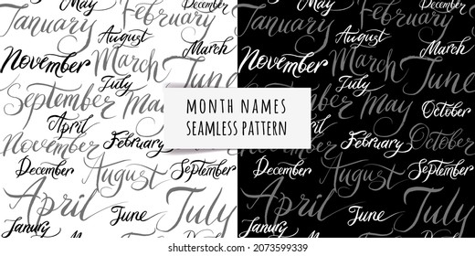 Seamless pattern handwritten names of months December, January, February, March, April, May, June, July, August, September, October, November.