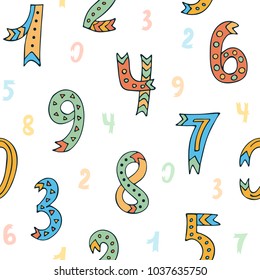 Seamless pattern with handwritten numbers on white background. Mathematical background of cute colorful numbers for kids. Hand drawn vector illustration for web, design, art, banner, poster, print and
