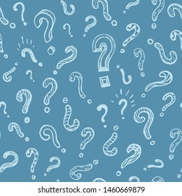 Seamless pattern with handwritten question marks on blue background.