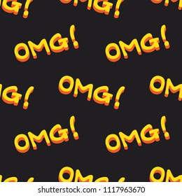 Seamless pattern with handwritten repeating text, ‘OMG!’. Comic style funny background. Creative lettering texture in yellow, orange and black.