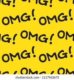 Seamless pattern with handwritten repeating text, ‘OMG!’. Comic style funny background. Creative lettering texture in yellow and black.
