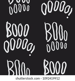 Seamless pattern with handwritten text, Boo. Fantastic repeating doodle texture for halloween. Black and white creative vector background. Cute spooky concept.