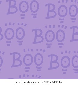 Seamless pattern with handwritten text - Boo. Lettering repeating doodle texture for halloween. Violet creative vector background. Cute spooky concept