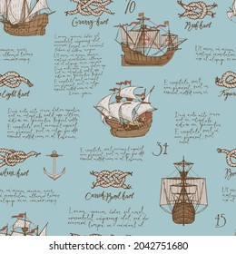 Seamless pattern with handwritten text Lorem ipsum and hand-drawn sailboats, various sea knots, anchors on blue backdrop. Vector background on the theme of sea travels and adventures in vintage style