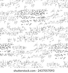 Seamless pattern of handwritten text on a white background showcasing letter, writing words in monochrome. Black and white vector wallpaper or wrapping paper design