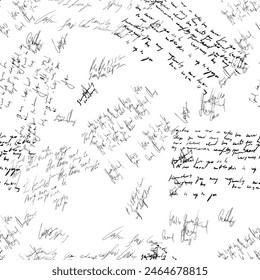 Seamless pattern of handwritten text on a white background showcasing letter, writing words in monochrome. Black and white vector wallpaper or wrapping paper design