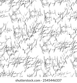 Seamless pattern of handwritten text on a white background showcasing letter, writing words. Black and white vector wallpaper or wrapping paper design