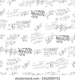 Seamless pattern of handwritten text on a white background showcasing words. Black and white vector design