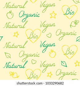 Seamless pattern with handwritten text - Organic, Natural, Bio, Vegan. Modern background with italic lettering.