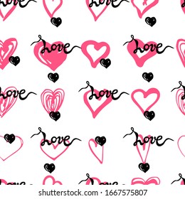Seamless pattern with handwritten word Love, hand drawn style hearts. Vector illustration for textiles and fabrics, wallpapers, Happy St Valentine's day.