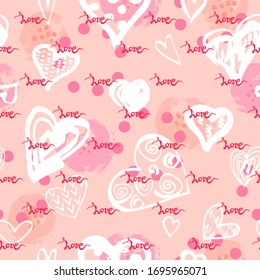 Seamless pattern with handwritten word Love, hand drawn style hearts. Vector illustration for textiles and fabrics, wallpapers, Happy St Valentine's day.