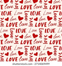 Patrón sin fisuras con la palabra escrita a mano amor y un corazón rojo. Diseño simple para el día de San Valentín, bodas o tarjetas de felicitación. Vector.