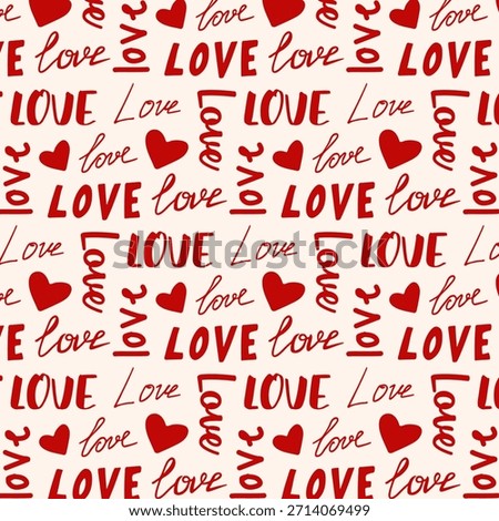 Seamless pattern with handwritten word love and a red heart. Simple design for Valentine's Day, weddings, or greeting cards. Vector.