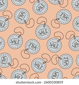 Seamless pattern with hanger price tag discount, special offer, sales lettering. Hand drawn doodle shopping symbols.