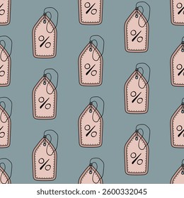 Seamless pattern with hanger price tag showing percent symbol, discount, special offer. Hand drawn doodle shopping symbols.