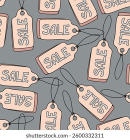 Seamless pattern with hanger price tag discount, special offer, sales lettering. Hand drawn doodle shopping symbols.