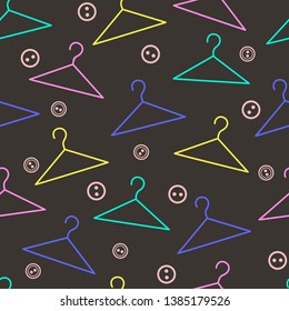 Seamless pattern with hangers and buttons, vector background. Colorful isolated sewing supplies. For wallpaper design, fabric, wrapper, prints, decoration, store sewing accessories