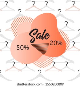 Seamless pattern Hangers, inscription Sale 50, 20 percent price reduction advert. Black Friday, Cyber Monday background. Purchase Discount promo layout. Design for website, poster, presentation, print