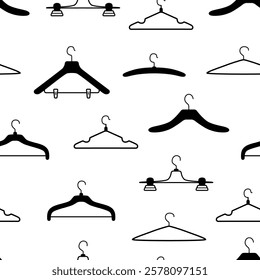 Seamless pattern hangers set badges for clothes and accessories. Vector illustration of hangers wardrobe fitting room.