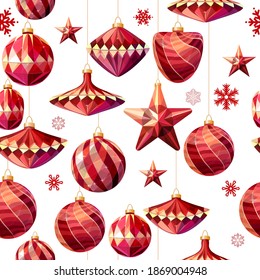 Seamless pattern with hanging balls. Christmas endless texture with glass red decoration