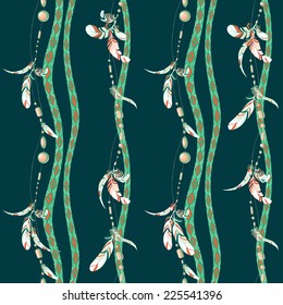 Seamless pattern of hanging bird feathers and colorful bijouterie