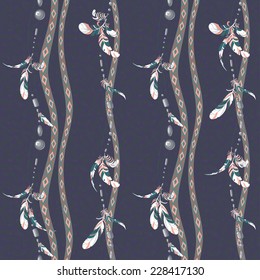 Seamless pattern of hanging bird feathers and colorful bijouterie