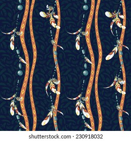 Seamless pattern of hanging bird feathers and colorful bijouterie