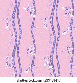 Seamless pattern of hanging bird feathers and colorful bijouterie