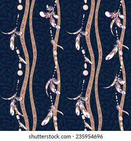 Seamless pattern of hanging bird feathers and colorful bijouterie