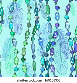 Seamless pattern of hanging blue bird feathers and bijouterie