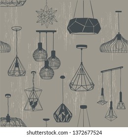 Seamless pattern  a hanging chandelier in the loft, sketch freehand using contour lines. Vector illustration.
