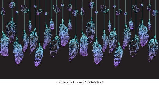 Seamless pattern with hanging colorful feather and crystals gems. Beautiful Hand drawn crystals and feathers isolated on black background. Magic fairytale theme. Vector illustration.