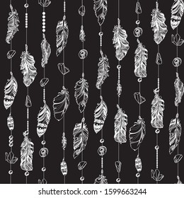 Seamless pattern with hanging feather and crystals gems. Beautiful Hand drawn white crystals and feathers isolated on black background. Magic fairytale theme. Vector illustration.