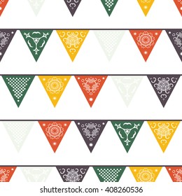 Seamless pattern with hanging festive mexican banners, flags, garlands. Vector illustration isolated on a white background. Pattern in the swatches panel.