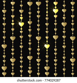 Seamless pattern with hanging gold hearts garlands. Wrapping paper vector background
