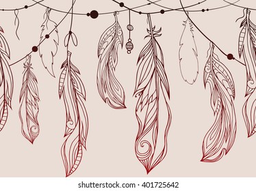 Seamless pattern of hanging hand drawn feathers  with boho pattern. Tribal doodle background. Vector element for your creativity.