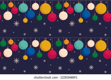 Seamless pattern of hanging multicolored Christmas balls on dark background. Garland of Christmas tree toys. Design for gift wrapping, textiles, wallpaper. New Year's background. Vector illustration