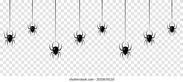Seamless pattern with hanging spiders. Scary background for Halloween isolated on transparent background
