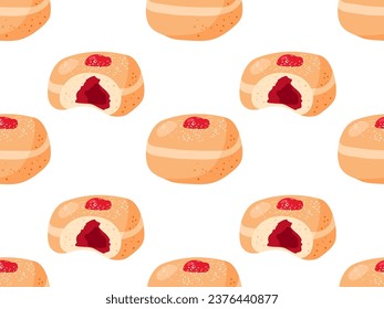 Patrón sin foco con panadería Hanukkah donut entero y mordido. Dibujo vectorial plano de dibujos animados repetidos para papel pintado, envoltura, textil, scrapbooking. Pasteleo con mermelada. Dulce comida poco saludable.