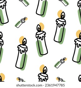 Patrón sin foco del doodle de la vela de Hanukkah. Una vela para el confort. Lámpara de Higge