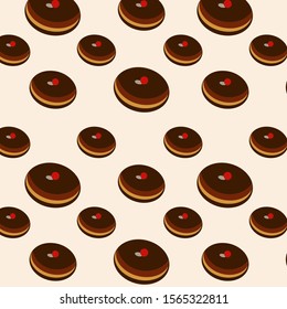 Seamless pattern of Hanukkah. Chocolate donuts with caramel crumbs and delicious cream
