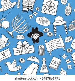 A seamless pattern for the Hanukkah holiday featuring traditional Jewish symbols.