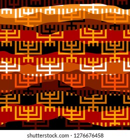 Seamless pattern with Hanukkah menorah in symply tribal geometric style. Vector background.