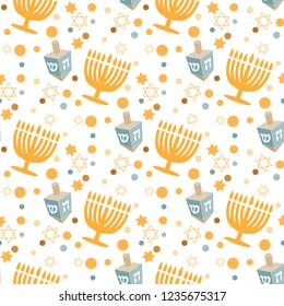 seamless pattern with Hanukkah symbols. Dreidel, menorah, star